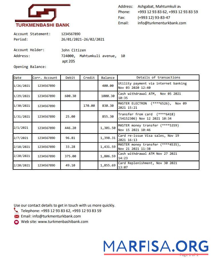 Realistic Turkmenistan Turkmenbashi bank statement excel real example